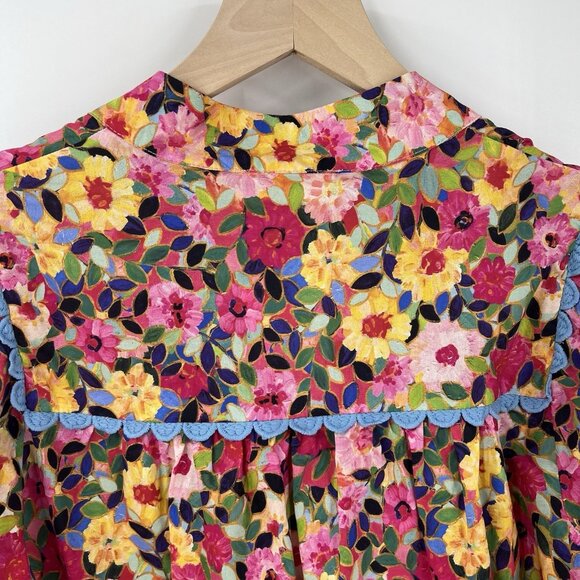 NWT Entro Pink Floral Puff Sleeve Button Front Top Scallop Trim Cotton Size S - Picture 7 of 7